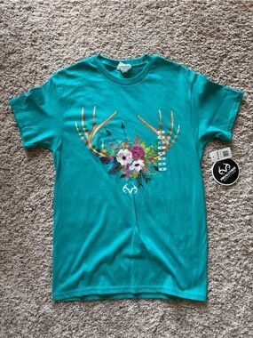 Delta Pro Weight Realtree Academy Women’s Tshirt, Teal, Deer Antlers, Small